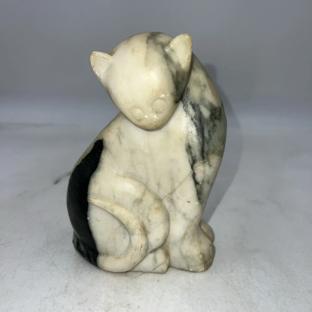 Vintage Marble Sitting Cat Kitten Figurine Sculpture Whimsical Gray and White